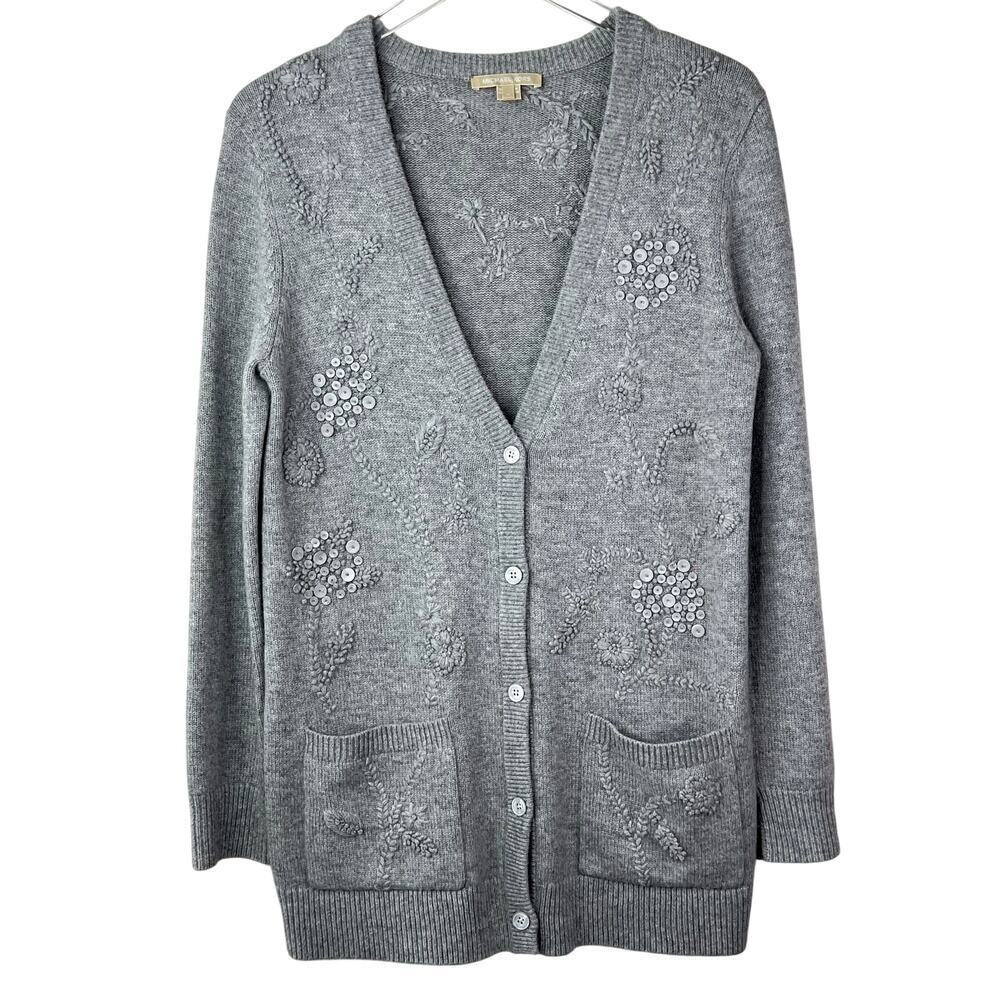 MICHAEL KORS 100% Cashmere Embroidered Knit Cardigan Sweater Gray MEDIUM